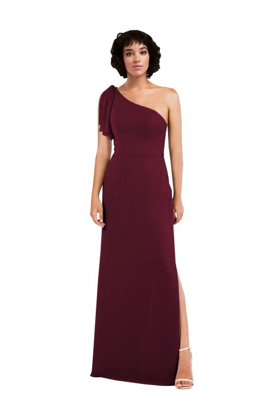 Affordable One Shoulder Chiffon Formal Bridesmaid Dress with Skirt Slit and Accent Strap