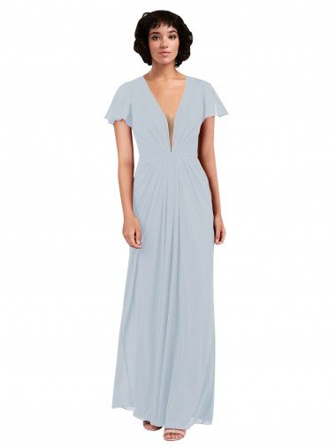 Affordable Deep V-Neckline Chiffon Bridesmaid Dress with Flutter Sleeves