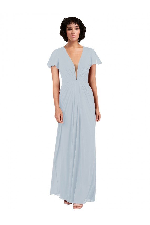 Affordable Deep V-Neckline Chiffon Bridesmaid Dress with Flutter Sleeves