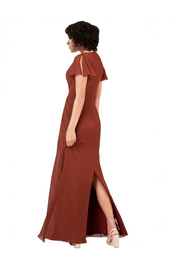 Affordable Deep V-Neckline Chiffon Bridesmaid Dress with Flutter Sleeves