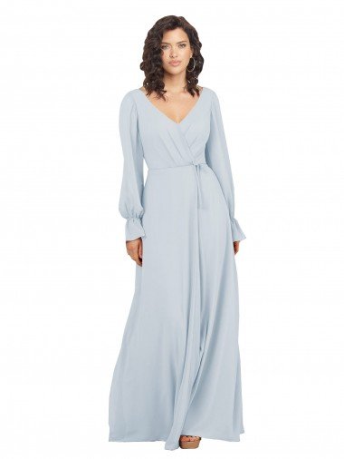 Affordable Long Sleeve Chiffon Bridesmaid Dress with Bow Detail