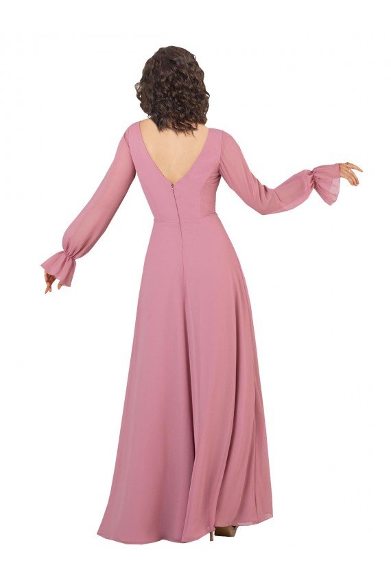 Affordable Long Sleeve Chiffon Bridesmaid Dress with Bow Detail