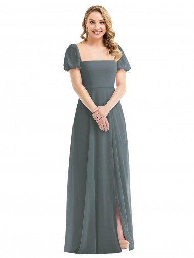 Affordable Puff Sleeves Chiffon Maxi Bridesmaid Dress with Front Slit