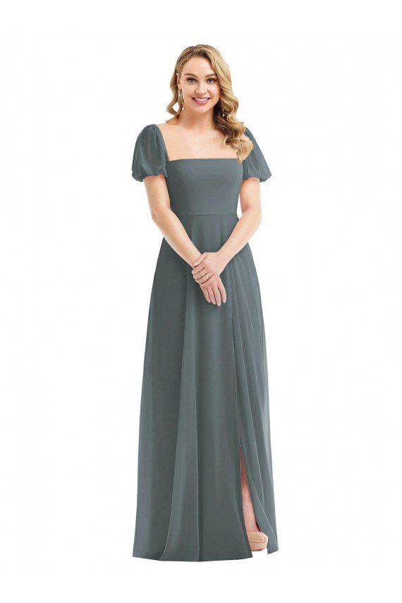 Affordable Puff Sleeves Chiffon Maxi Bridesmaid Dress with Front Slit