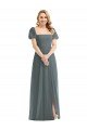 Affordable Puff Sleeves Chiffon Maxi Bridesmaid Dress with Front Slit