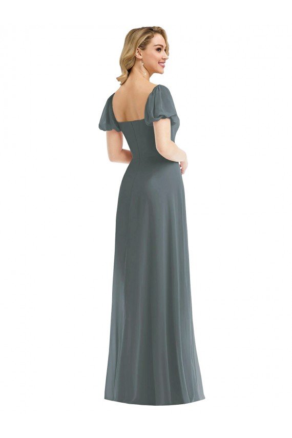 Affordable Puff Sleeves Chiffon Maxi Bridesmaid Dress with Front Slit