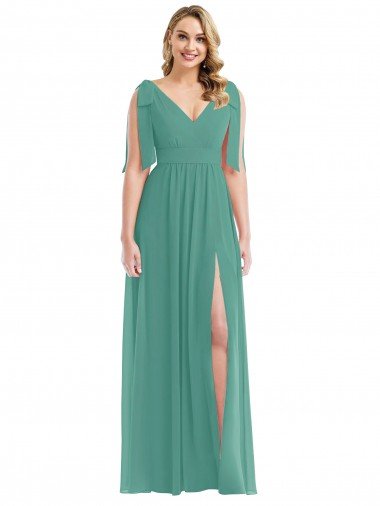Affordable Plunge Neckline Bow Shoulder Chiffon Maxi Bridesmaid Dress