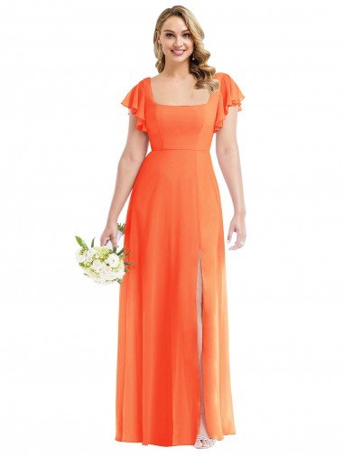 Affordable Flutter Sleeves Scoop Open Back Chiffon Maxi Bridesmaid Dress