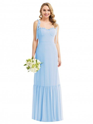 Affordable Tie Shoulder Bustier Bodice Ruffle Hem Maxi Bridesmaid Dress