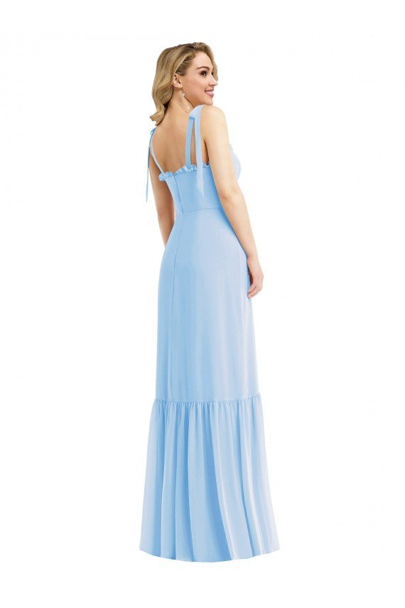 Affordable Tie Shoulder Bustier Bodice Ruffle Hem Maxi Bridesmaid Dress