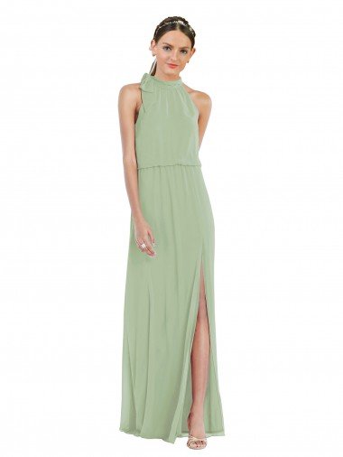 Affordable High Neck Scarf Tie Blouson Bodice Maxi Bridesmaid Dress with Front Slit