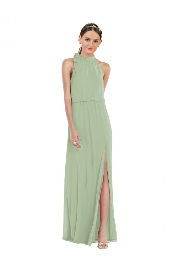 Affordable High Neck Scarf Tie Blouson Bodice Maxi Bridesmaid Dress with Front Slit