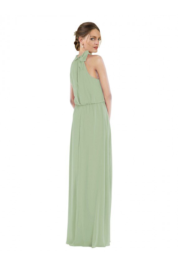 Affordable High Neck Scarf Tie Blouson Bodice Maxi Bridesmaid Dress with Front Slit