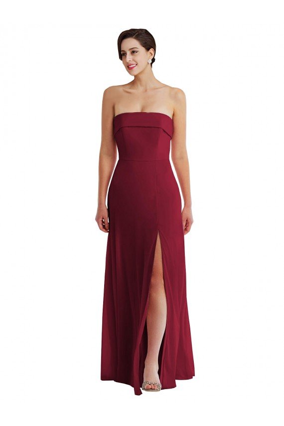 Affordable Cuffed Strapless Maxi Formal Bridesmaid Dress with Front Slit