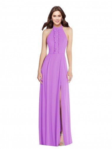Affordable Halter Backless Maxi Formal Bridesmaid Dress with Button Ruffle Placket