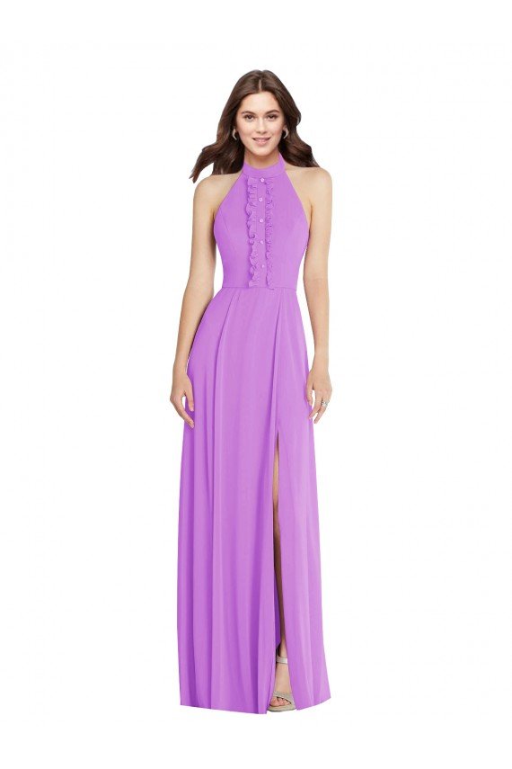 Affordable Halter Backless Maxi Formal Bridesmaid Dress with Button Ruffle Placket