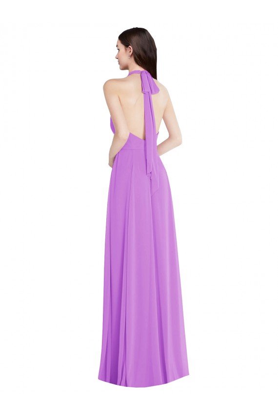 Affordable Halter Backless Maxi Formal Bridesmaid Dress with Button Ruffle Placket