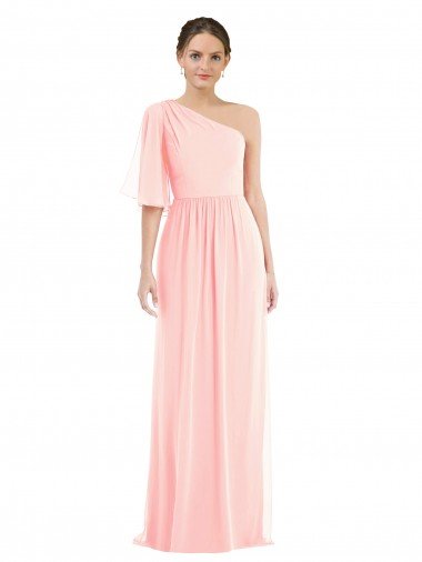 Affordable One Shoulder Bell Sleeves Chiffon Maxi Bridesmaid Dress