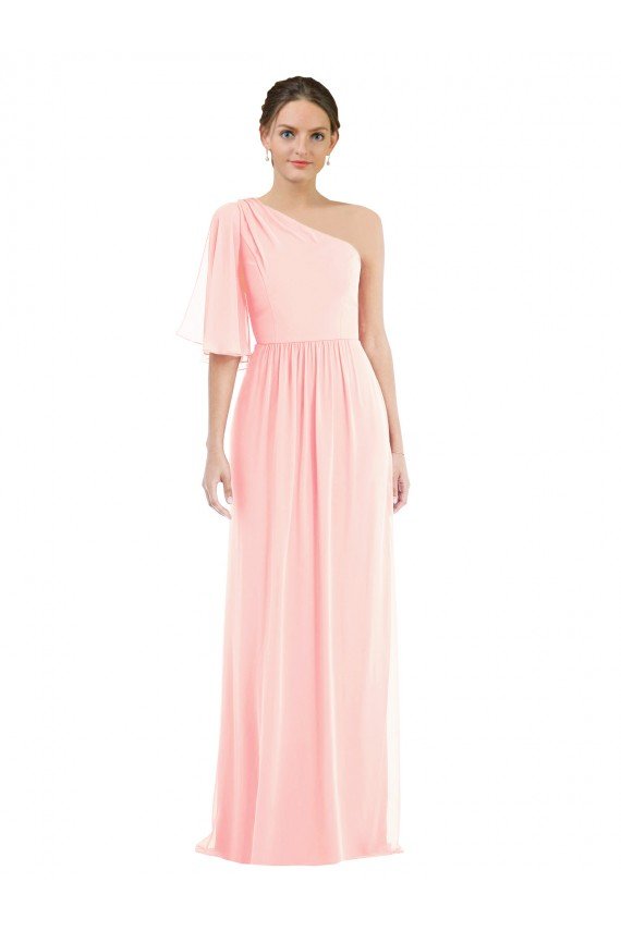 Affordable One Shoulder Bell Sleeves Chiffon Maxi Bridesmaid Dress