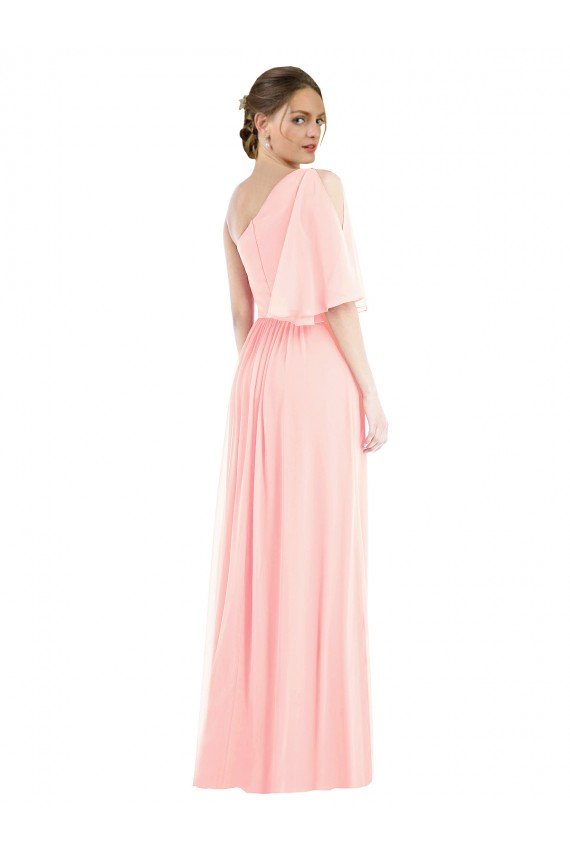 Affordable One Shoulder Bell Sleeves Chiffon Maxi Bridesmaid Dress
