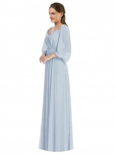 Affordable Off the Shoulder Puff Sleeve Maxi Formal Bridesmaid Dress with Front Slit