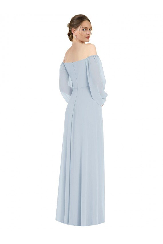 Affordable Off the Shoulder Puff Sleeve Maxi Formal Bridesmaid Dress with Front Slit