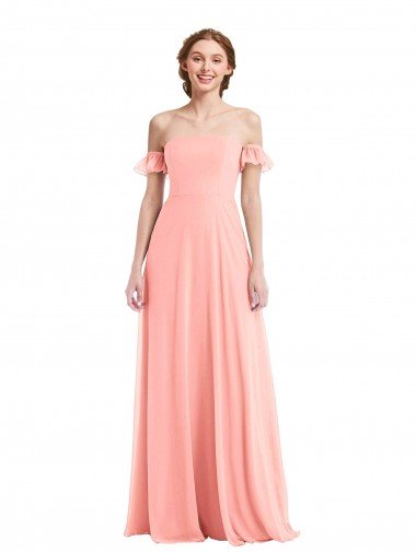 Affordable Off the Shoulder Ruffle Cuff Sleeve Chiffon Maxi Bridesmaid Dress