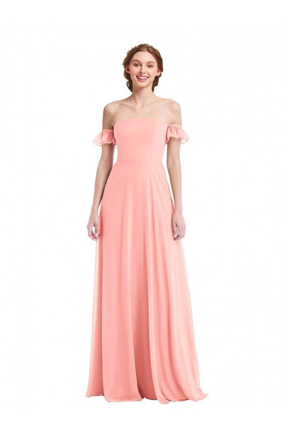Affordable Off the Shoulder Ruffle Cuff Sleeve Chiffon Maxi Bridesmaid Dress