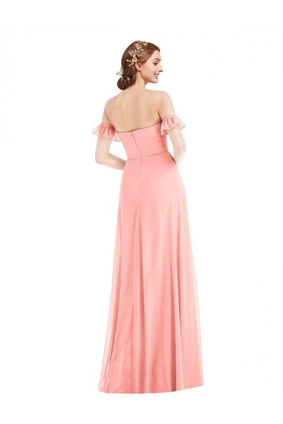 Affordable Off the Shoulder Ruffle Cuff Sleeve Chiffon Maxi Bridesmaid Dress