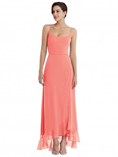 Affordable Scoop Neck Ruffle Trimmed High Low Maxi Bridesmaid Dress