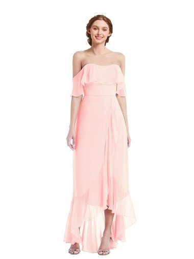 Affordable Off the Shoulder Ruffled High Low Maxi Bridesmaid Dress