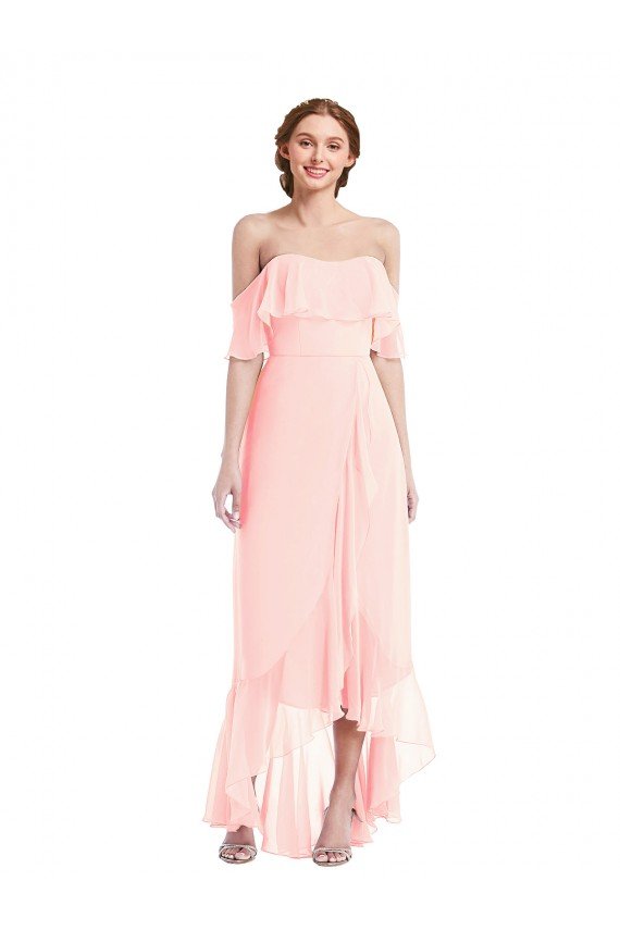 Affordable Off the Shoulder Ruffled High Low Maxi Bridesmaid Dress