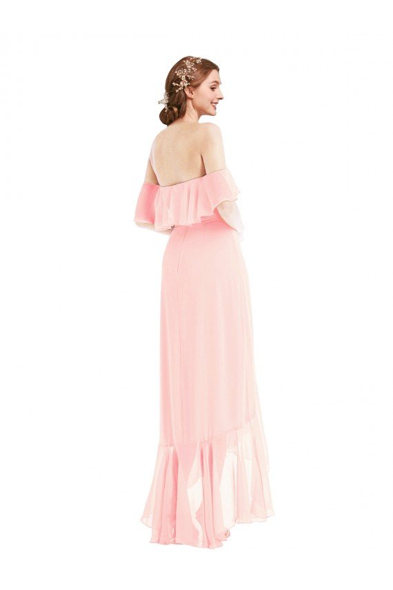 Affordable Off the Shoulder Ruffled High Low Maxi Bridesmaid Dress