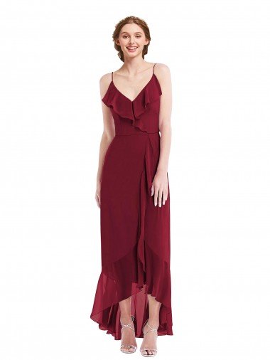 Affordable Ruffle Trimmed V-Neck High Low Wrap Chiffon Bridesmaid Dress
