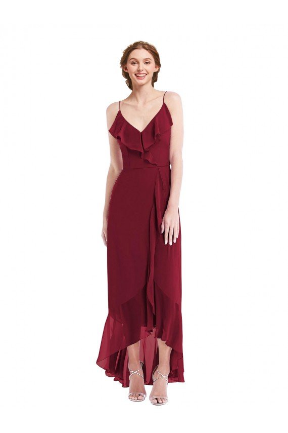 Affordable Ruffle Trimmed V-Neck High Low Wrap Chiffon Bridesmaid Dress