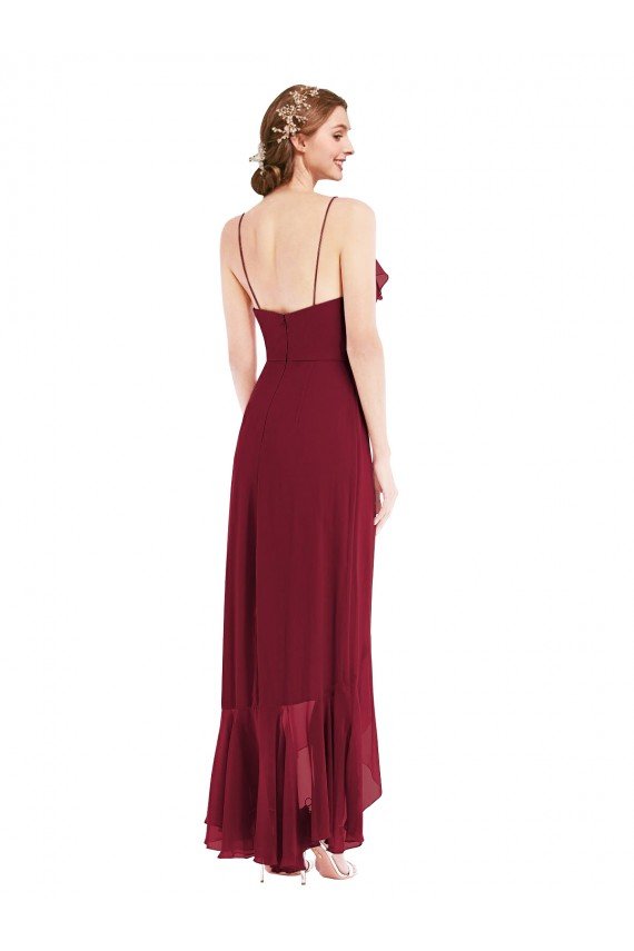 Affordable Ruffle Trimmed V-Neck High Low Wrap Chiffon Bridesmaid Dress