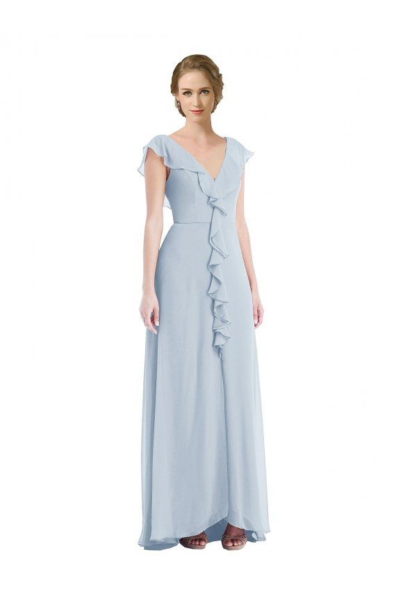 Affordable Ruffle Trimmed V Back Chiffon Maxi Bridesmaid Dress
