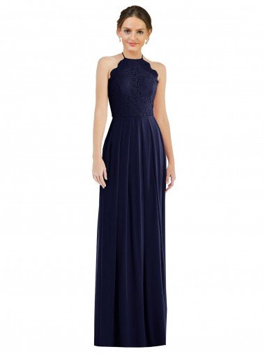 Affordable Tie Neck Lace Halter Pleated Skirt Maxi Bridesmaid Dress