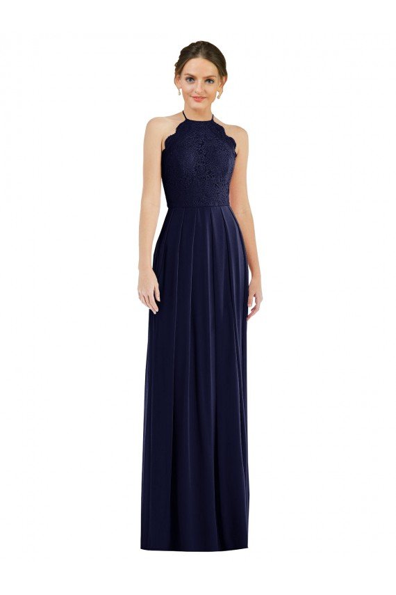 Affordable Tie Neck Lace Halter Pleated Skirt Maxi Bridesmaid Dress