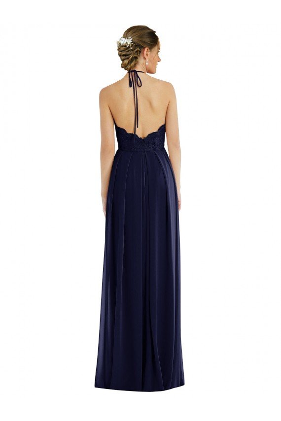 Affordable Tie Neck Lace Halter Pleated Skirt Maxi Bridesmaid Dress