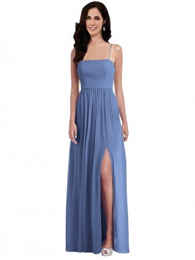 Affordable Slim Spaghetti Straps Chiffon Bridesmaid Dress with Front Slit