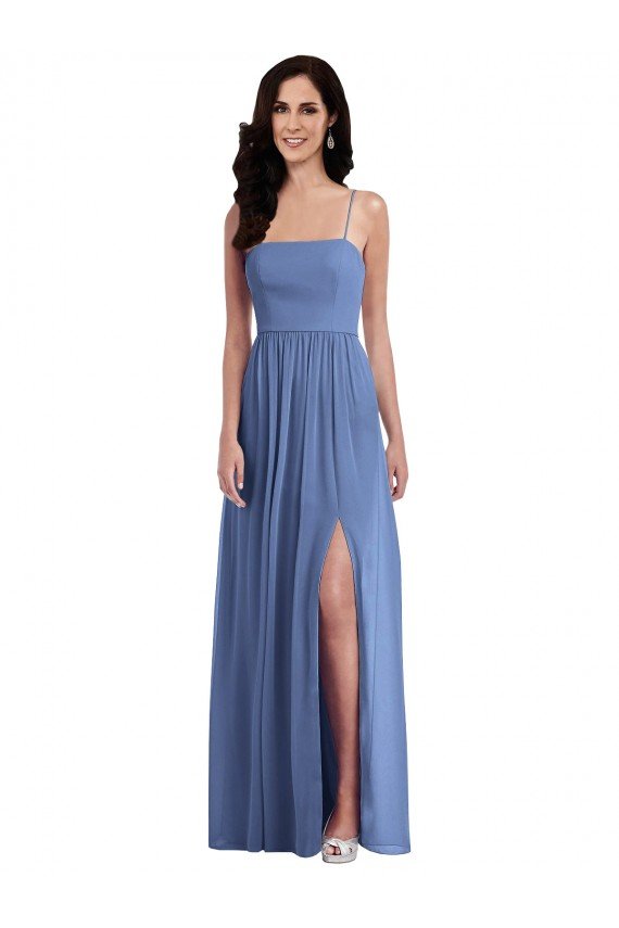 Affordable Slim Spaghetti Straps Chiffon Bridesmaid Dress with Front Slit