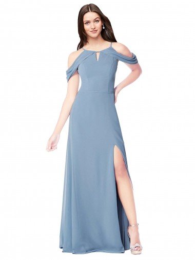 Affordable High Neck Chiffon Bridesmaid Dress with Draped Sleeves