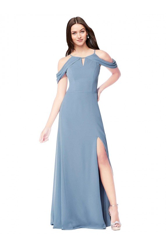Affordable High Neck Chiffon Bridesmaid Dress with Draped Sleeves