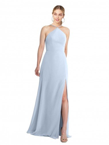 Affordable Halter Neck Long Chiffon Bridesmaid Dress with Strappy Back and Daring Side Slit