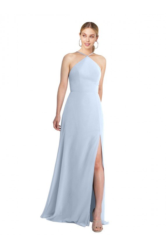Affordable Halter Neck Long Chiffon Bridesmaid Dress with Strappy Back and Daring Side Slit