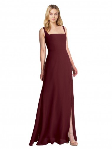 Affordable Square Neckline Soft A-Line Chiffon Bridesmaid Dress with Side Slit