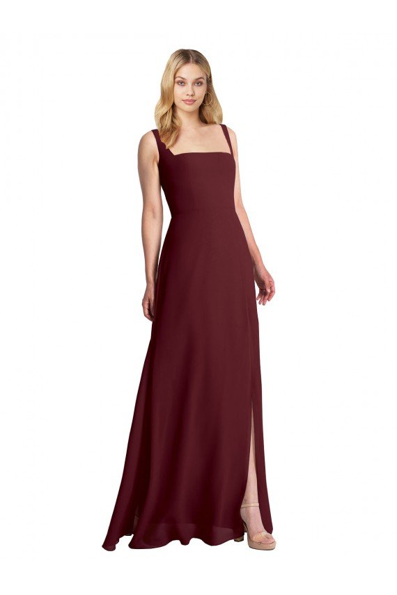 Affordable Square Neckline Soft A-Line Chiffon Bridesmaid Dress with Side Slit