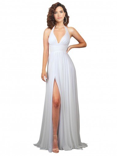 Affordable Halter Plunge V-Neckline Chiffon Dress with High Leg Split
