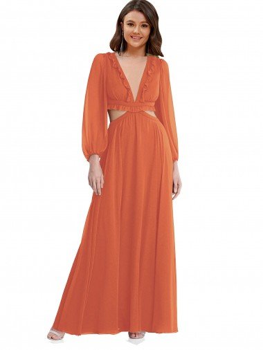 Affordable High Low Ruffled Long Chiffon Cutout Bishop Sleeves Maxi Bridesmaid Dress